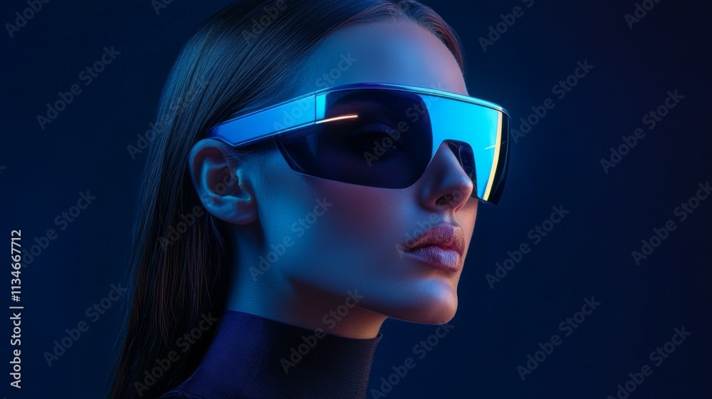 Studio portrait of a stylish woman in glowing futuristic sunglasses Studio portrait of a stylish woman in glowing futuristic sunglasses