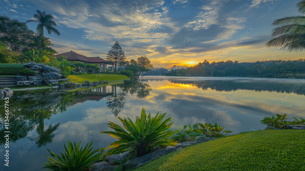 Obraz premium Sunrise Serenity: Garden Reflection, Peaceful Lake, Tropical Landscape
