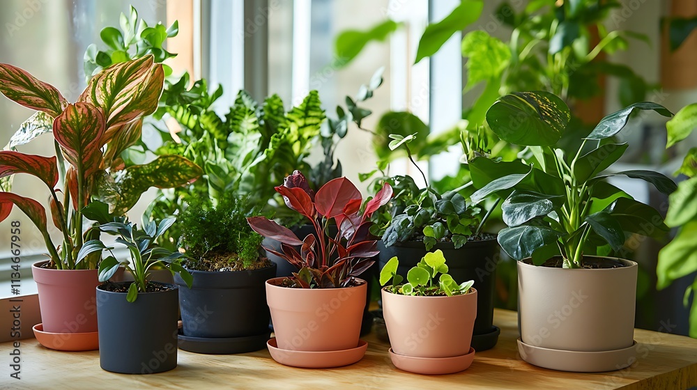 A Collection Of Houseplants In Colorful Pots Near A Window A Collection Of Houseplants In Colorful Pots Near A Window