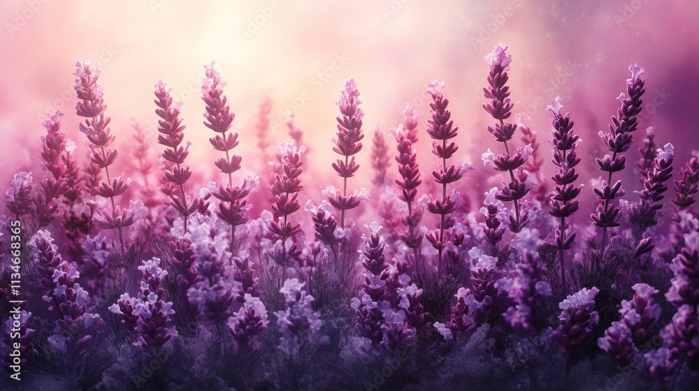 Fototapeta premium A serene landscape featuring blooming lavender flowers in soft, dreamy colors.