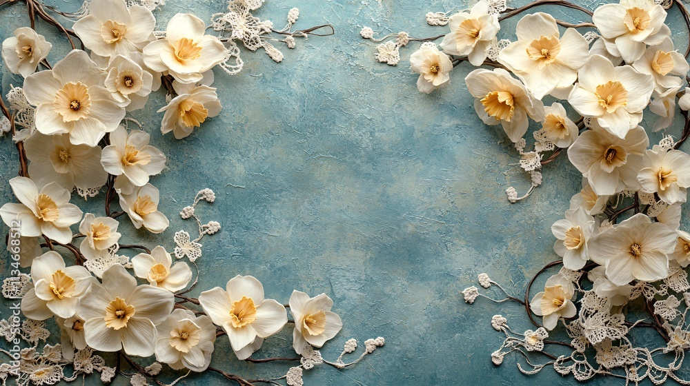 Fototapeta premium Elegant Daffodils & Lace on Blue Texture