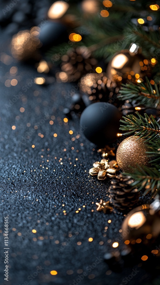 Fototapeta premium Elegant Dark Christmas Background: Gold & Black Ornaments
