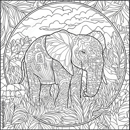 Elephant in Tropical Landscape, Detailed Animal Portrait for Adult Coloring Books or Zen Art Therapy