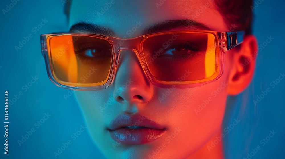 Model wearing angular neon orange sunglasses with vibrant lighting Model wearing angular neon orange sunglasses with vibrant lighting