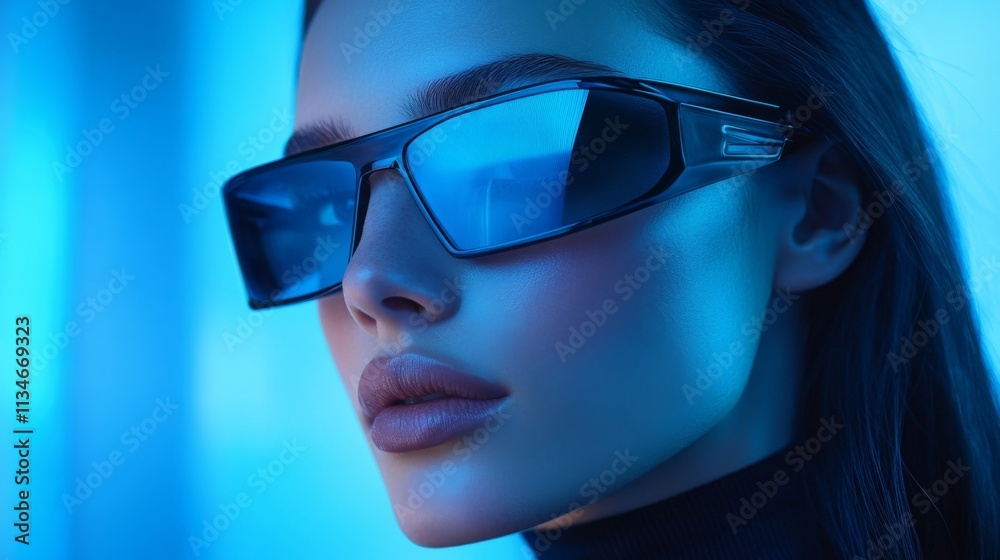 Fashionable woman wearing futuristic blue sunglasses in neon lighting Fashionable woman wearing futuristic blue sunglasses in neon lighting