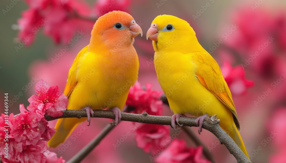 Naklejka premium Two Yellow Lovebirds Perched On A Branch Amongst Pink Blossoms