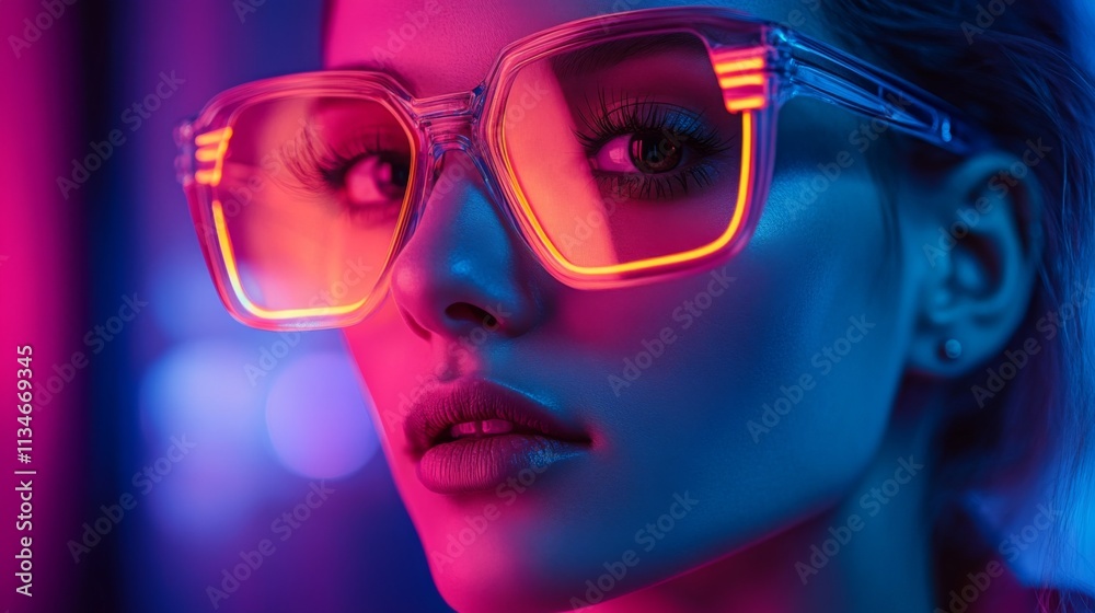 Stylish woman in oversized pink glasses with neon background Stylish woman in oversized pink glasses with neon background