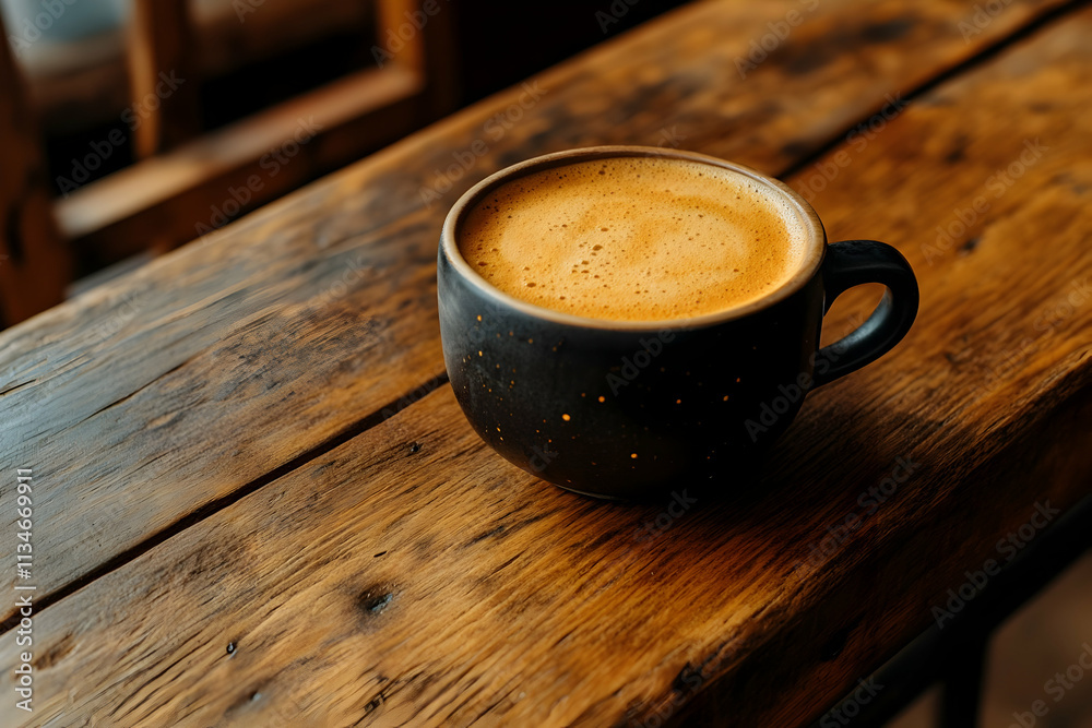 Aromatic coffee in dark cup on rustic wooden table. Aromatic coffee in dark cup on rustic wooden table.