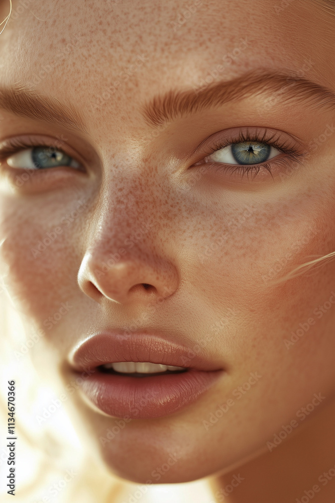 Close-up of supermodel with blonde hair, blue eyes, and glowing skin on white background Close-up of supermodel with blonde hair, blue eyes, and glowing skin on white background