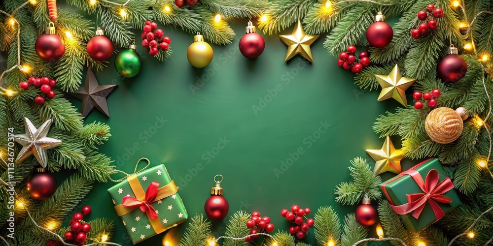 Festive Holiday Frame with Pine Branches, Ornaments, Gifts, and String Lights on a Green Background Festive Holiday Frame with Pine Branches, Ornaments, Gifts, and String Lights on a Green Background