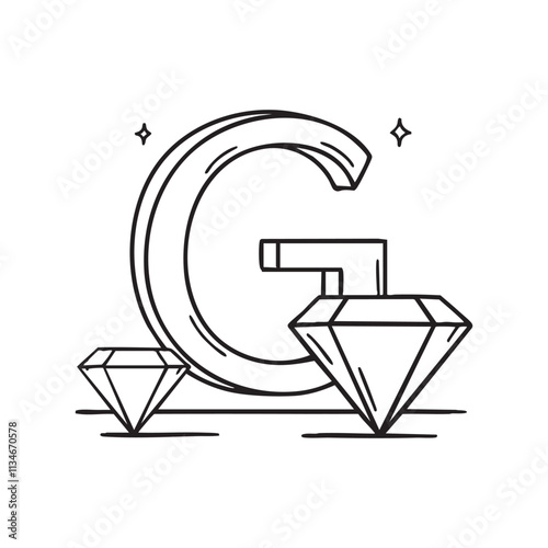 An illustration of letter G beside a gemstone