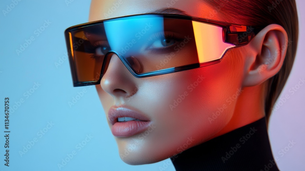 Fashion portrait of a woman in neon pink and orange lighting wearing futuristic glasses Fashion portrait of a woman in neon pink and orange lighting wearing futuristic glasses