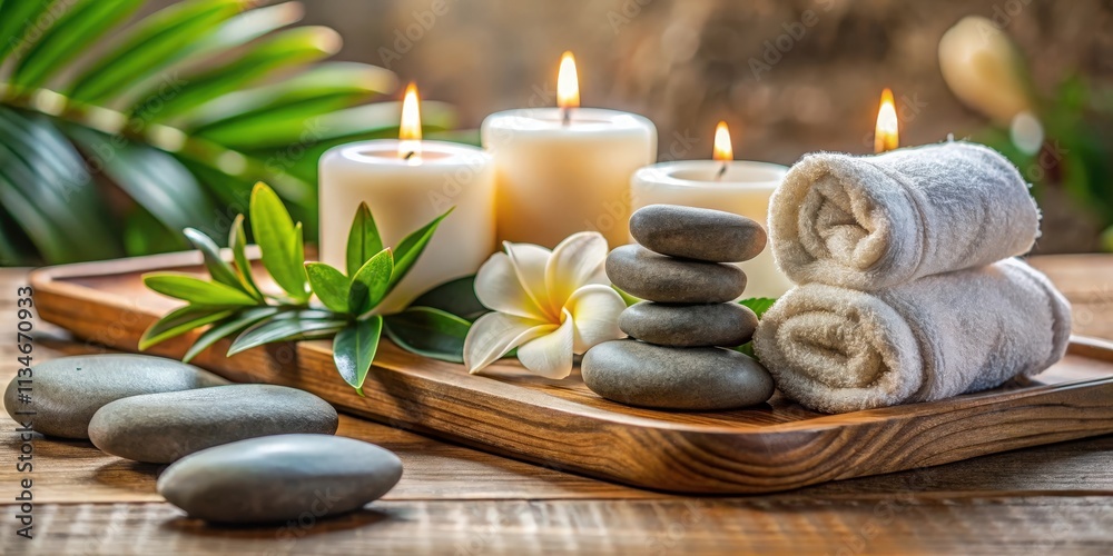 Serene Spa Setting with Scented Candles, Smooth Stones, and Rolled Towels on a Wooden Tray Serene Spa Setting with Scented Candles, Smooth Stones, and Rolled Towels on a Wooden Tray
