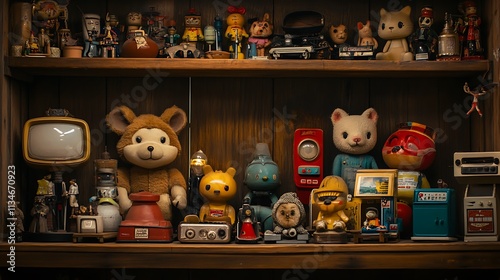 Vintage Toys And Collectibles Arranged On Wooden Shelves