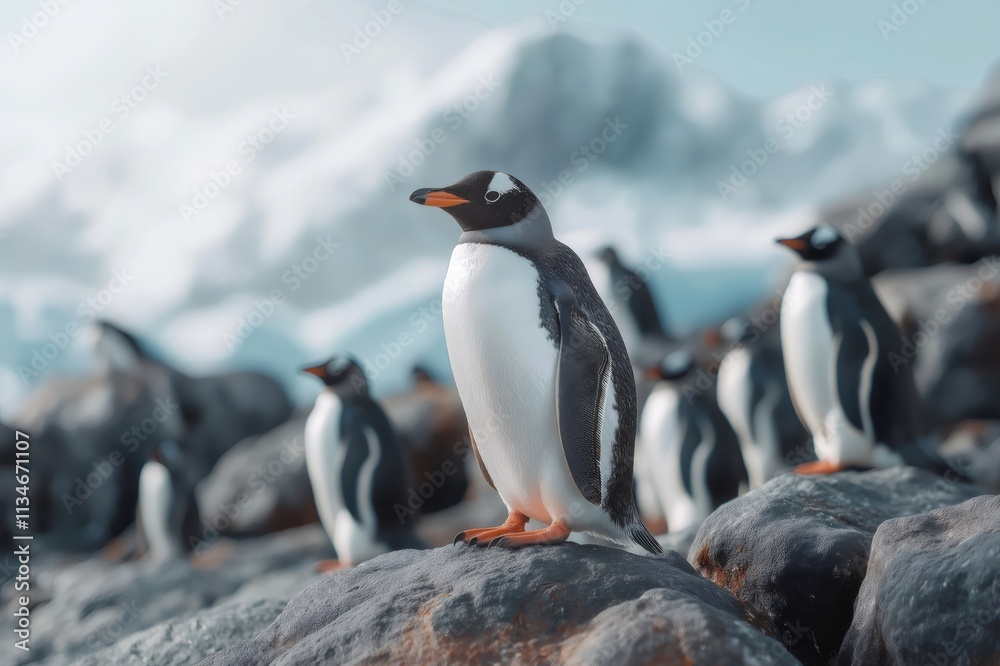 Fototapeta premium Gentoo penguin standing on a rock in a colony with ocean and ice in the background, showcasing antarctic wildlife