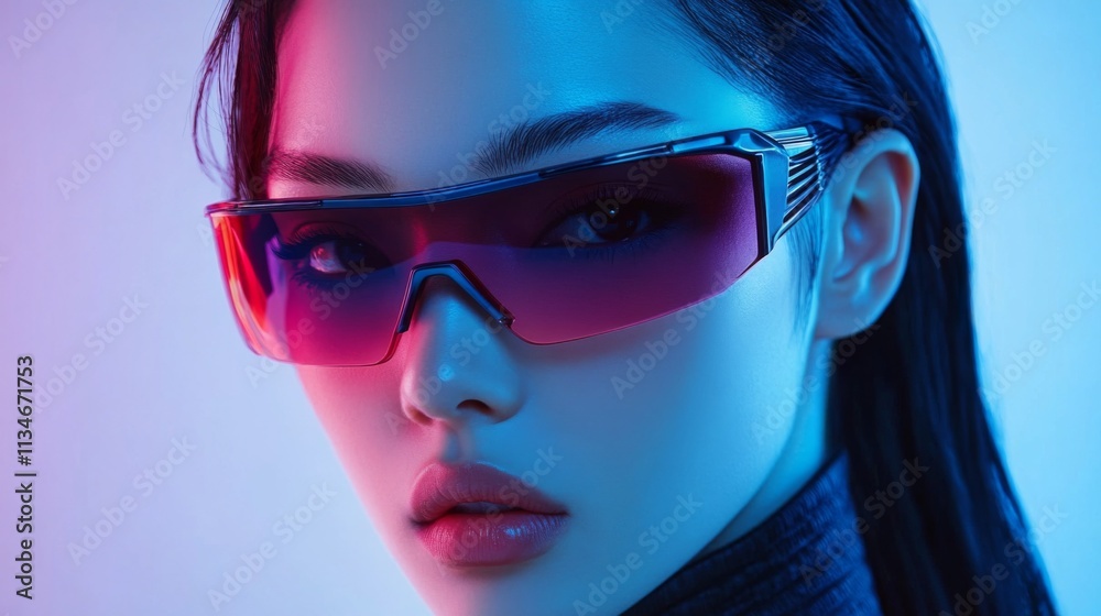 Fashionable woman wearing neon pink futuristic sunglasses under vibrant lighting Fashionable woman wearing neon pink futuristic sunglasses under vibrant lighting