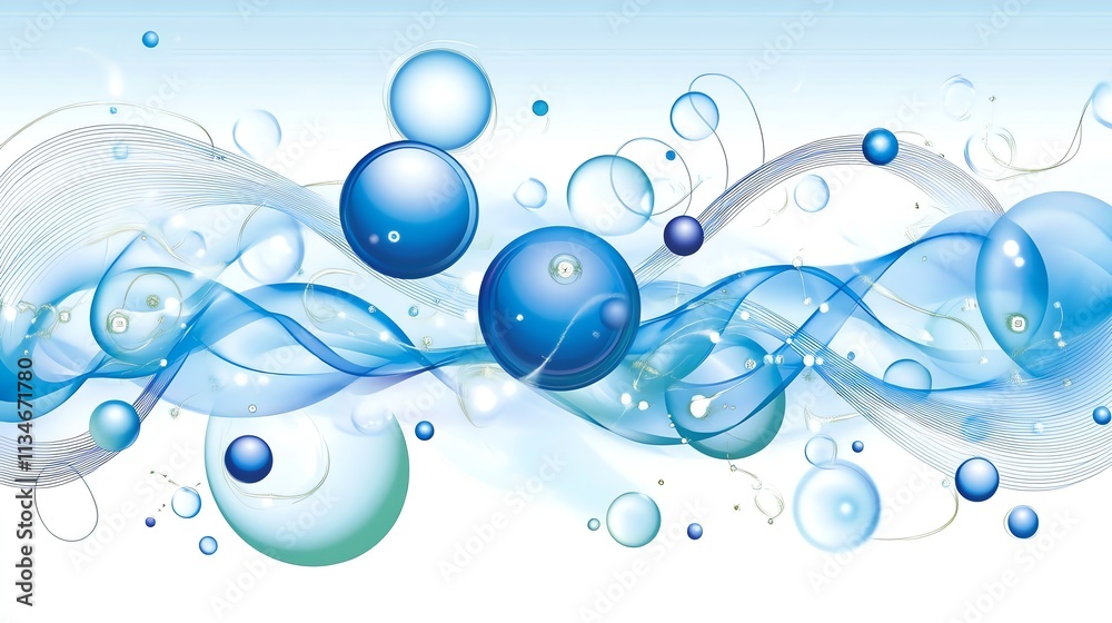 Abstract design featuring blue bubbles and flowing ribbons Abstract design featuring blue bubbles and flowing ribbons