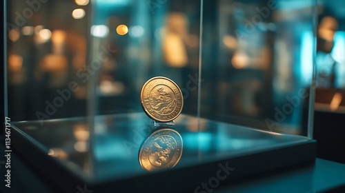 Gold coin displayed in a glass case museum artifact