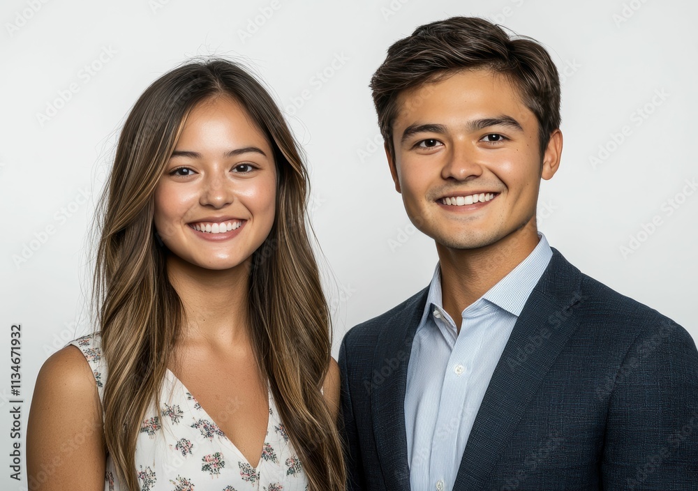 The man and woman casual attire business shirt and warm smiles highlight a simple yet strong business partnership standing together on white background. The man and woman casual attire business shirt and warm smiles highlight a simple yet strong business partnership standing together on white background.