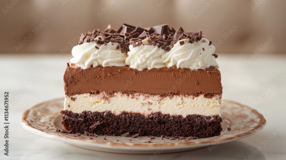 Close-up of a slice of tiramisu dessert on a white plate Close-up of a slice of tiramisu dessert on a white plate