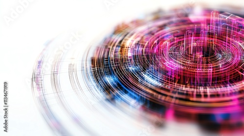 Abstract digital visualization featuring vibrant concentric circles in dynamic colors, symbolizing modern technology and futuristic design in a digital landscape.
