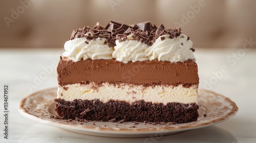 Close-up of a slice of tiramisu dessert on a white plate