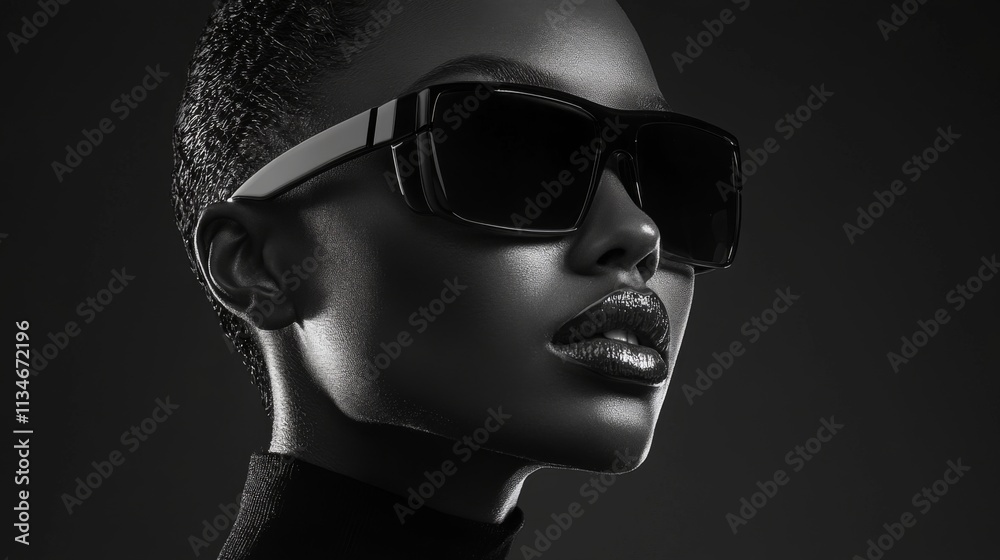 Monochrome portrait of a stylish woman in oversized futuristic sunglasses