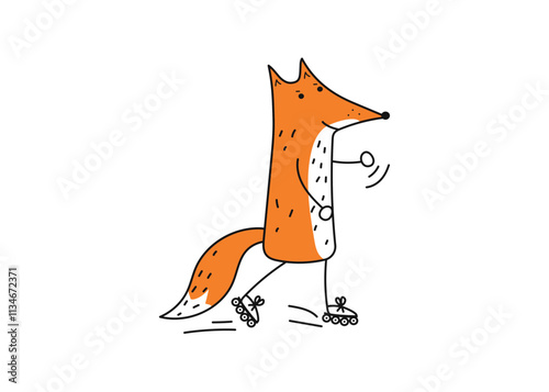 Sporty fox. Cute animal doing sports. Fox athlete, training, roller skating. Simple linear icon on white isolated background.