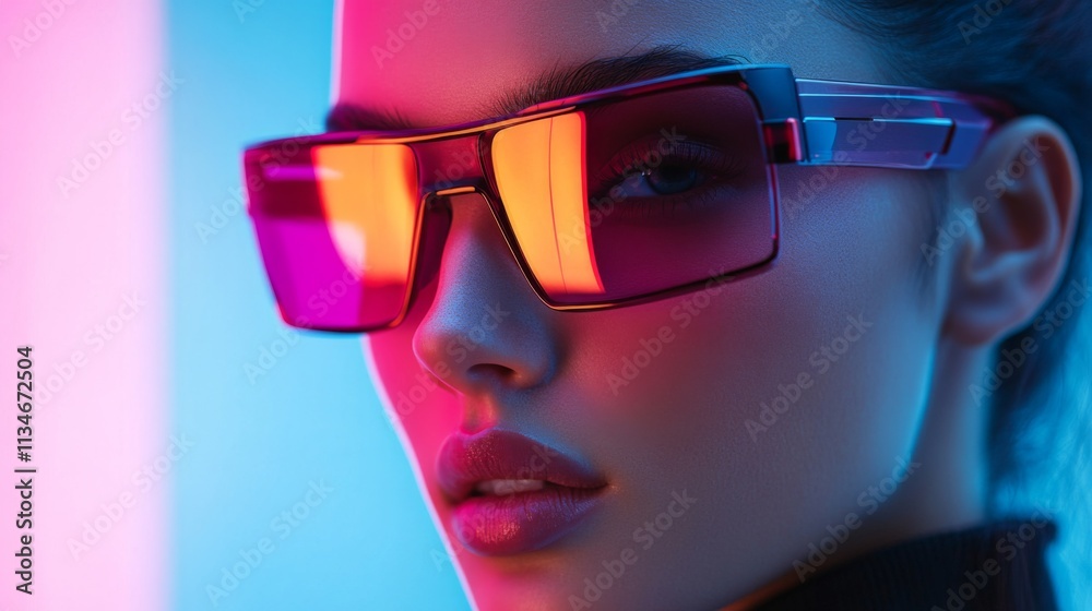 Young woman wearing glowing pink sunglasses in a futuristic setting