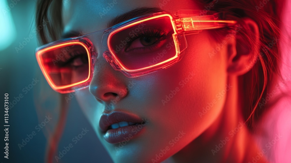 Stylish woman in pink neon glasses with glowing vibrant lighting Stylish woman in pink neon glasses with glowing vibrant lighting