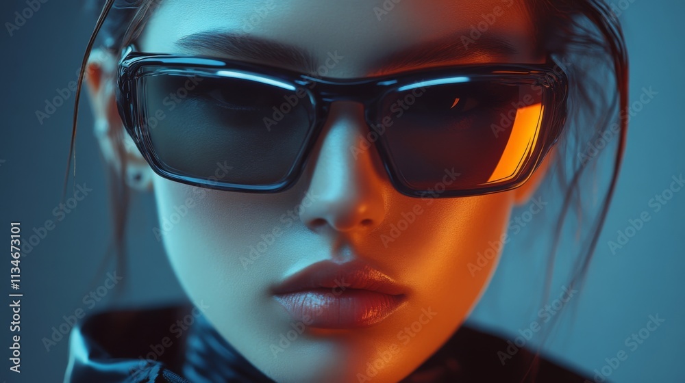 Close-up portrait of a woman in modern black sunglasses Close-up portrait of a woman in modern black sunglasses