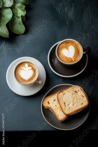 Two Latte Cups With Heart Art And Toasted Bread Slices