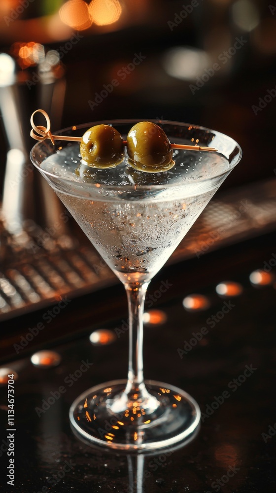 Martini glass with olives in a luxurious bar setting Martini glass with olives in a luxurious bar setting