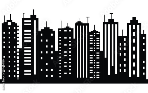 Black Silhouette of Urban Skyline with Tall Modern Buildings and Skyscrapers