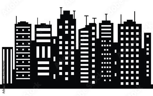Black and White Urban Skyline Silhouette with Modern High-Rise Buildings