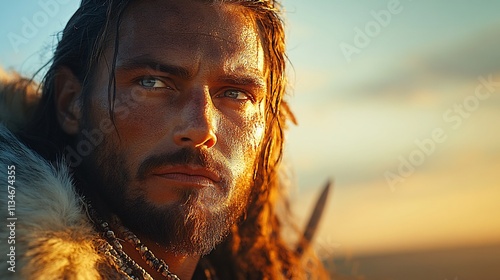 Stylized portrait of Clovis hunter traditional clothing holding a finelycrafted spear looking towards a vast landscape embodying strength and survival warm sunlight casting dramatic shadows photo