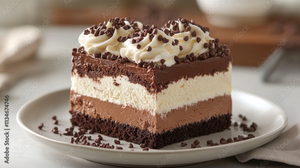 Slice of tiramisu dessert elegantly placed on a white plate Slice of tiramisu dessert elegantly placed on a white plate