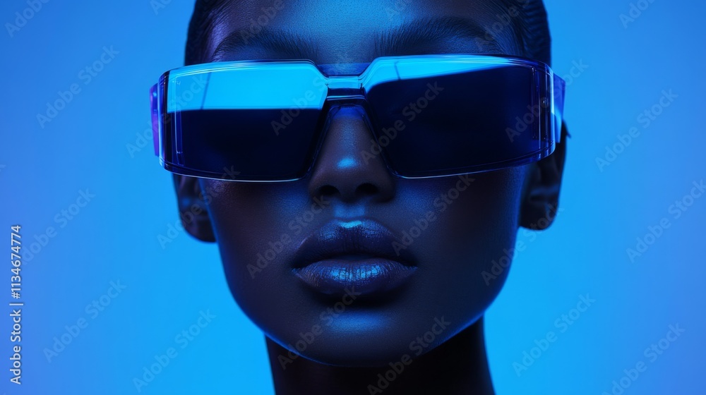 Close-up portrait of a woman in futuristic blue reflective sunglasses Close-up portrait of a woman in futuristic blue reflective sunglasses