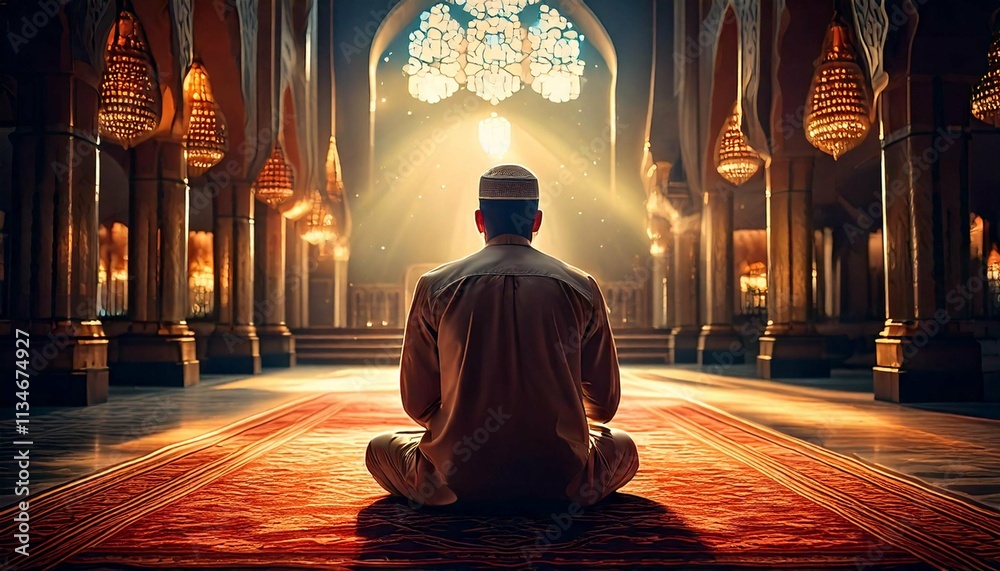 a person engaged in prayer inside a mosque during the sacred month of Ramadan. Generative AI a person engaged in prayer inside a mosque during the sacred month of Ramadan. Generative AI