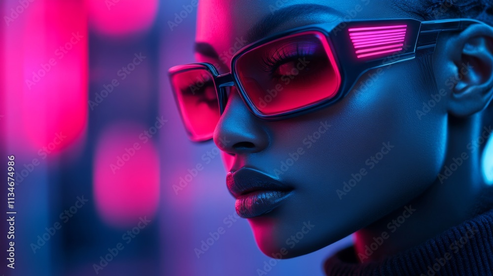 Stylish woman in futuristic pink sunglasses with neon lighting Stylish woman in futuristic pink sunglasses with neon lighting