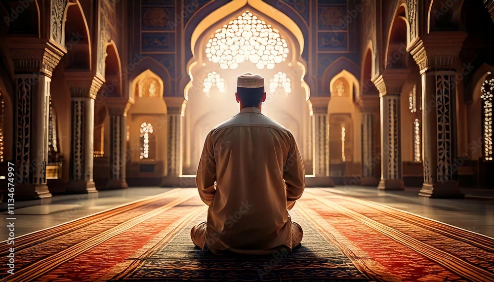 a person engaged in prayer inside a mosque during the sacred month of Ramadan. Generative AI a person engaged in prayer inside a mosque during the sacred month of Ramadan. Generative AI