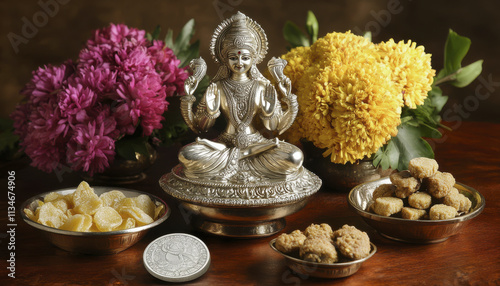 traditional Lakshmi Puja setup featuring silver idol of Goddess Lakshmi surrounded by colorful flowers and sweets, creating festive and spiritual atmosphere