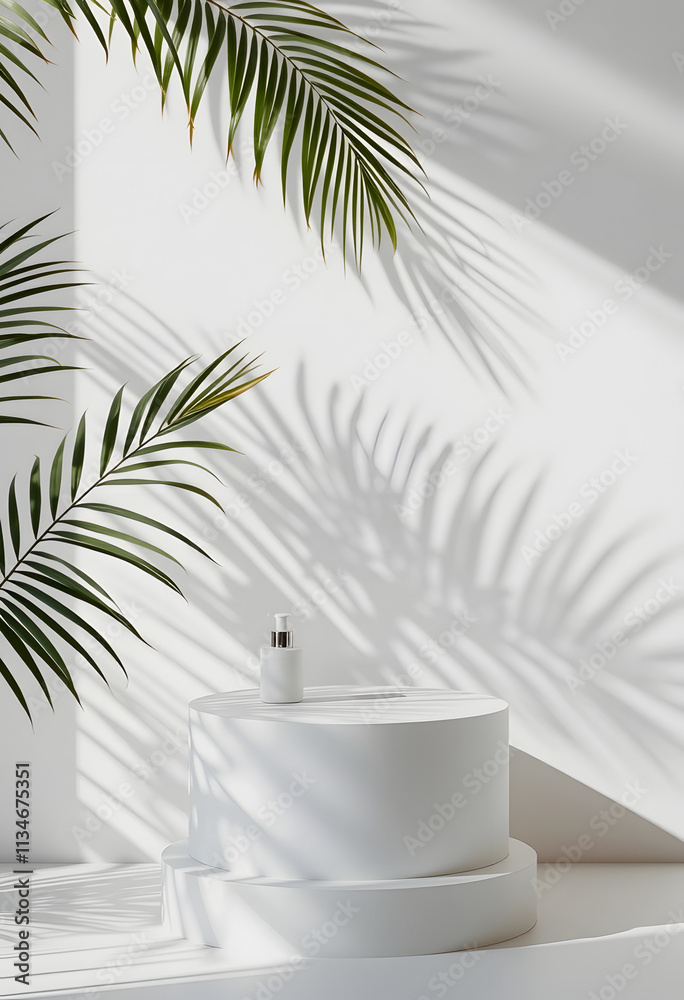 Blank minimal white counter podium, soft beautiful dappled sunlight, tropical palm foliage leaf shadow on wall for luxury hygiene organic cosmetic, skincare, beauty treatment product background 3D, Blank minimal white counter podium, soft beautiful dappled sunlight, tropical palm foliage leaf shadow on wall for luxury hygiene organic cosmetic, skincare, beauty treatment product background 3D,