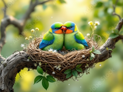 Pair of Green Parrots Sitting on a Branch with Heart-Shaped Nest - Romantic Nature Illustration photo