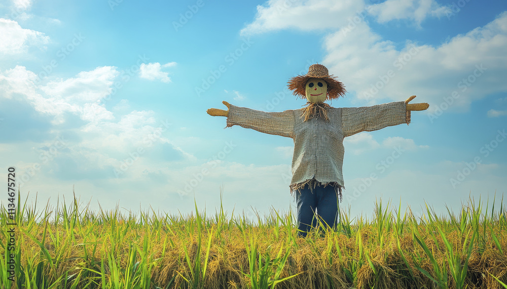traditional scarecrow stands tall in lush green rice field, arms outstretched under bright blue sky. This charming figure adds character to serene landscape traditional scarecrow stands tall in lush green rice field, arms outstretched under bright blue sky. This charming figure adds character to serene landscape