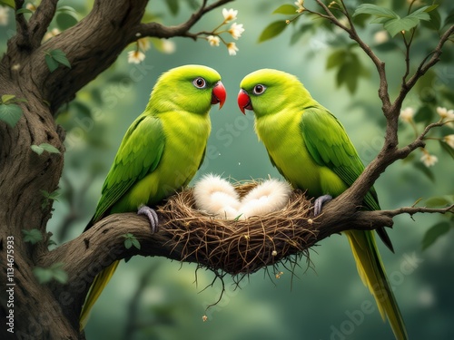 Pair of Green Parrots Sitting on a Branch with Heart-Shaped Nest - Romantic Nature Illustration photo