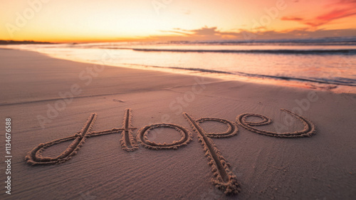 Words drawn on sandy beach. Vibrant sunset hues reflected on calm sea. Inspirational New Year message etched into sand. Peaceful seaside at sunset with uplifting resolution text on shoreline. photo