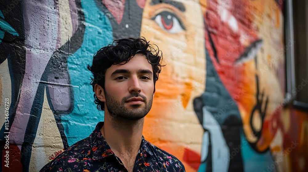 Fototapeta premium Young Man Posing Against Vibrant Graffiti Wall