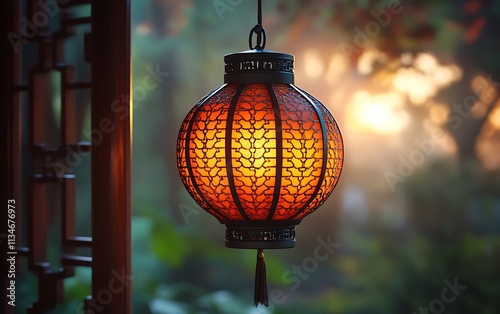 Red Lantern Hanging in a Traditional Temple photo