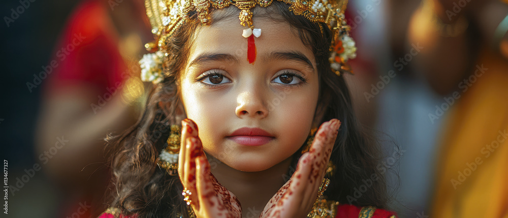 young girl dressed as Goddess Durga, adorned with jewelry and henna, showcases serene expression. vibrant colors and intricate details highlight cultural significance young girl dressed as Goddess Durga, adorned with jewelry and henna, showcases serene expression. vibrant colors and intricate details highlight cultural significance
